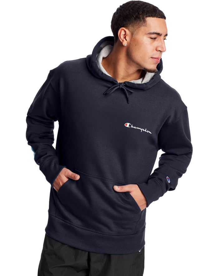 Champion Powerblend Fleece Script Logo Erkek Kapşonlu Sweatshirt Lacivert ( RKTPCU960 )